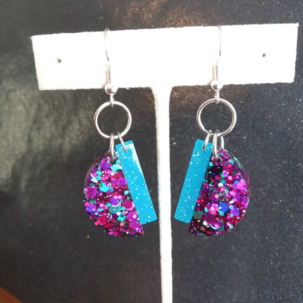 Sterling silver blue and purple glitter geo art deco dangle earrings new resin - Picture 3 of 6
